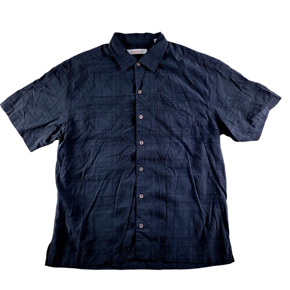 Tommy Bahama Other - Tommy Bahama 100% Silk Shirt Mens Large Black Short Sleeve Tonal Grid Pocket